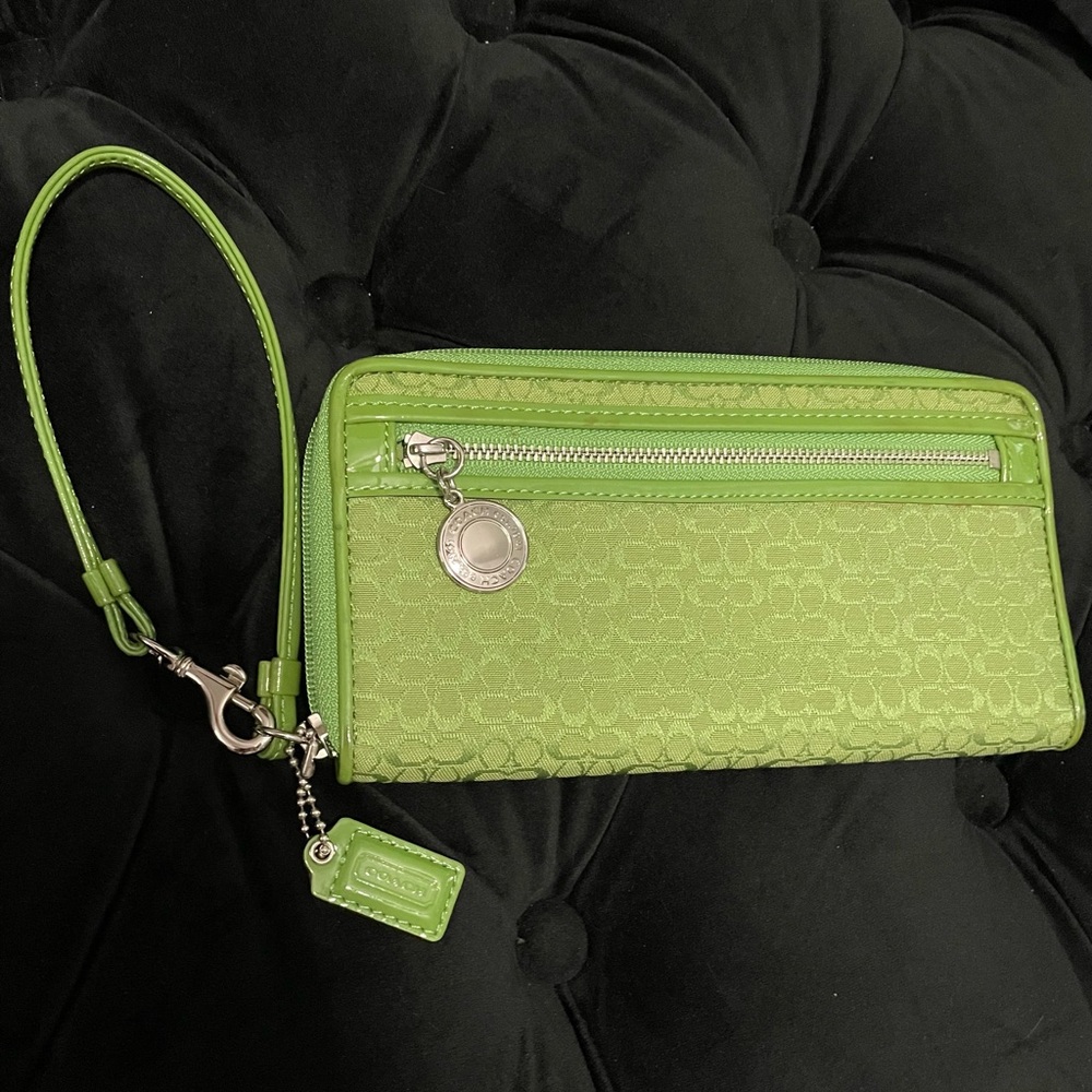 Coach Signature Canvas Lime Green Wristlet Wallet